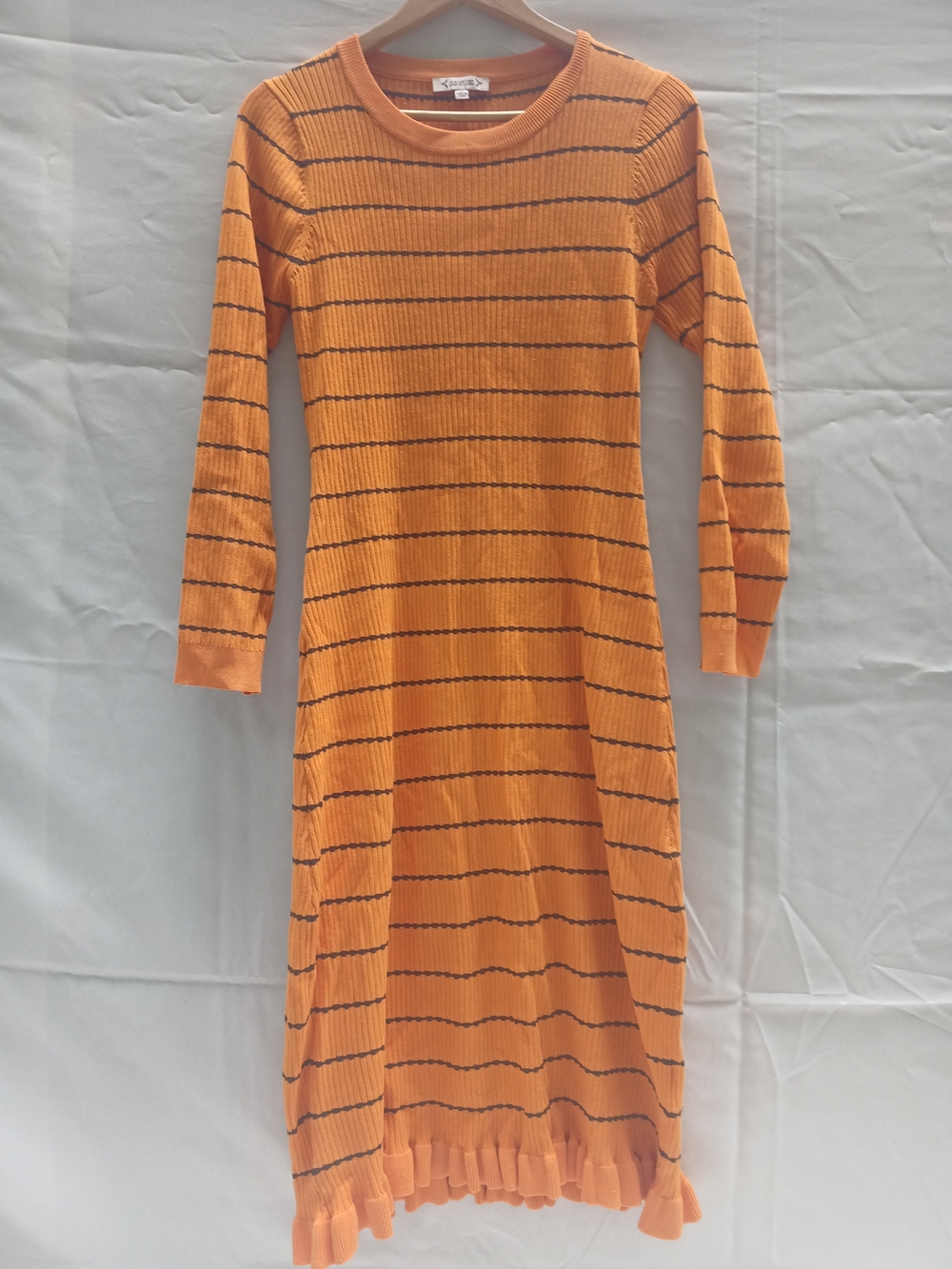 Orange Striped Ribbed Midi Dress
